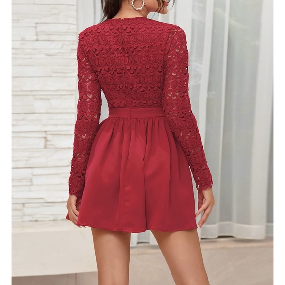 Red Plunge Guipure Lace Long Sleeve Skater Dress - Picture 3 of 16